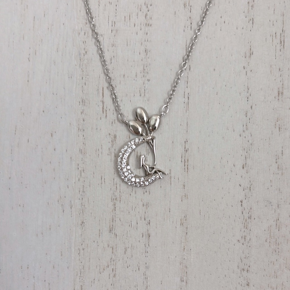 Silver Crescent Moon Stainless Steel with cubic zirconia Necklace